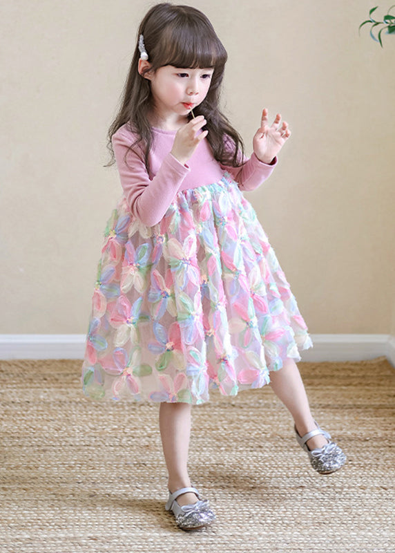 Lovely Pink O-Neck Print Tulle Girls Long Dresses Spring TV033