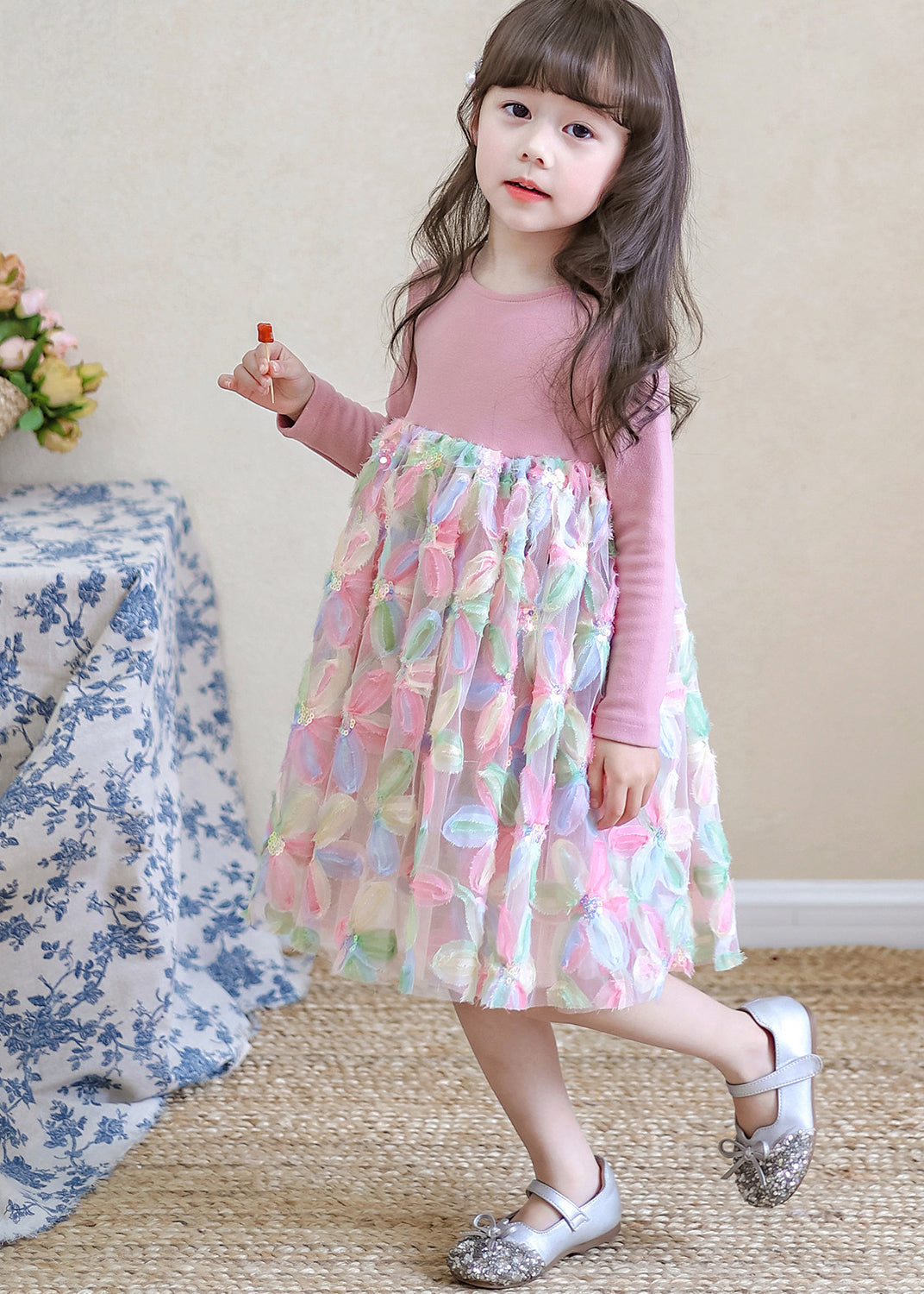 Lovely Pink O-Neck Print Tulle Girls Long Dresses Spring TV033