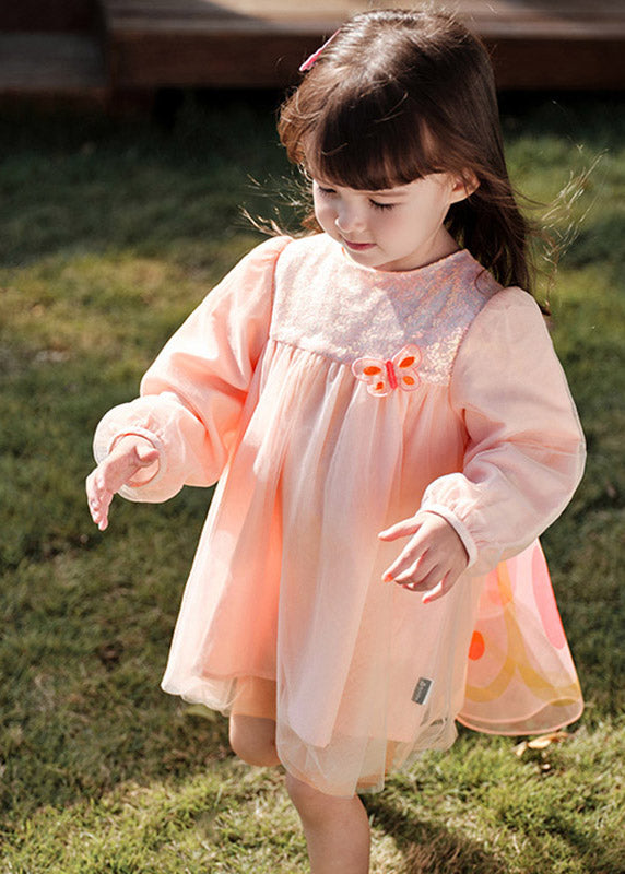 Lovely Pink Wrinkled Patchwork Butterfly Tulle Girls Holiday Long Dress Spring TV023