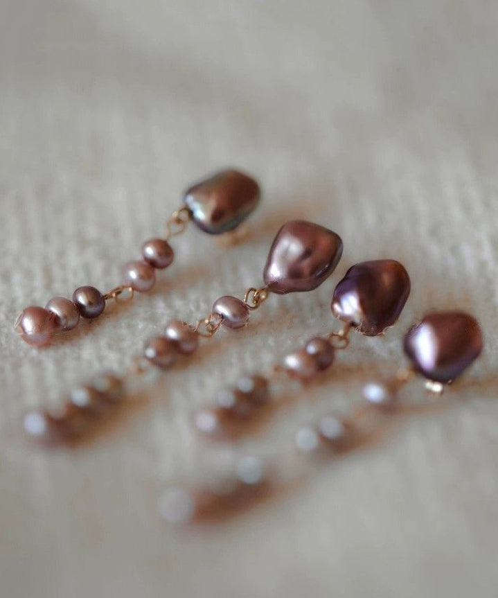 Drop Pearl Earrings Asymmetrical Metal Purple Modern