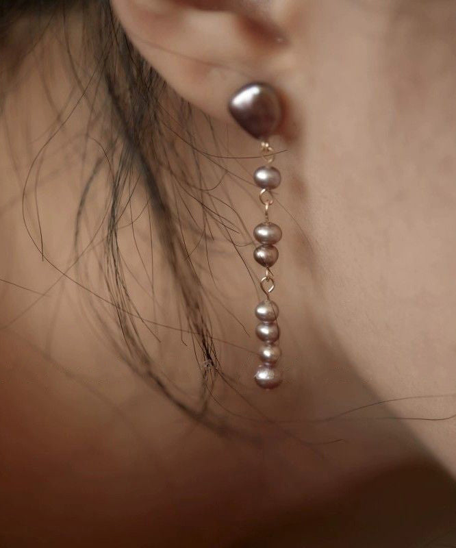 Drop Pearl Earrings Asymmetrical Metal Purple Modern