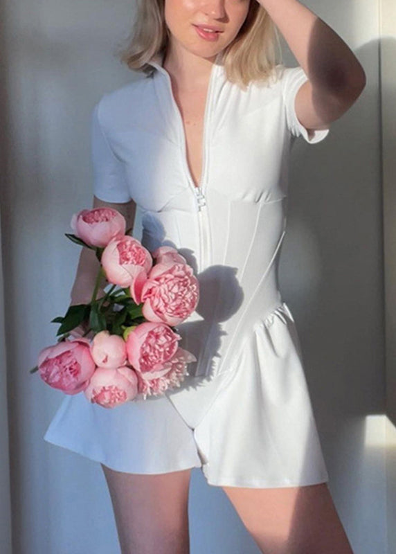 White Stand Modern Zippered Tops Collar Bodysuit