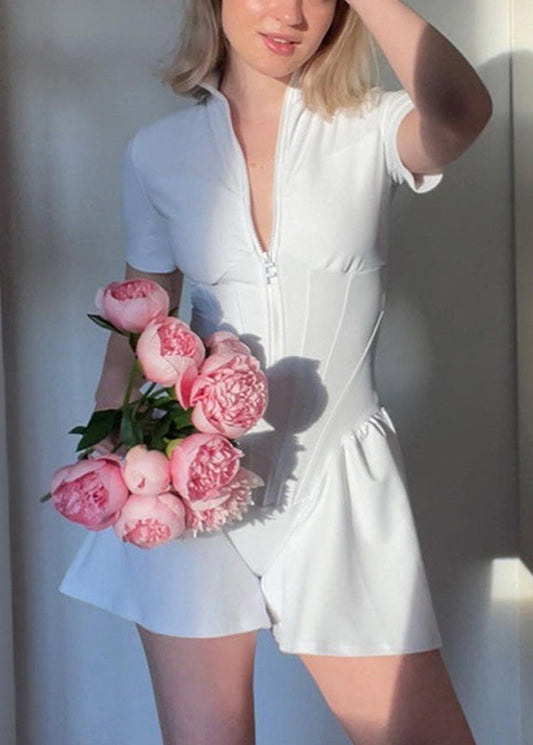 White Stand Modern Zippered Tops Collar Bodysuit