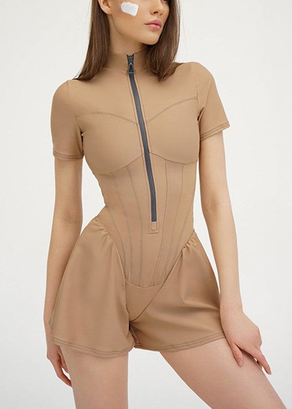 White Stand Modern Zippered Tops Collar Bodysuit