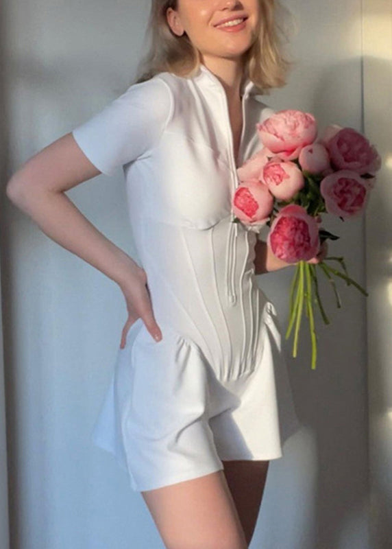 White Stand Modern Zippered Tops Collar Bodysuit
