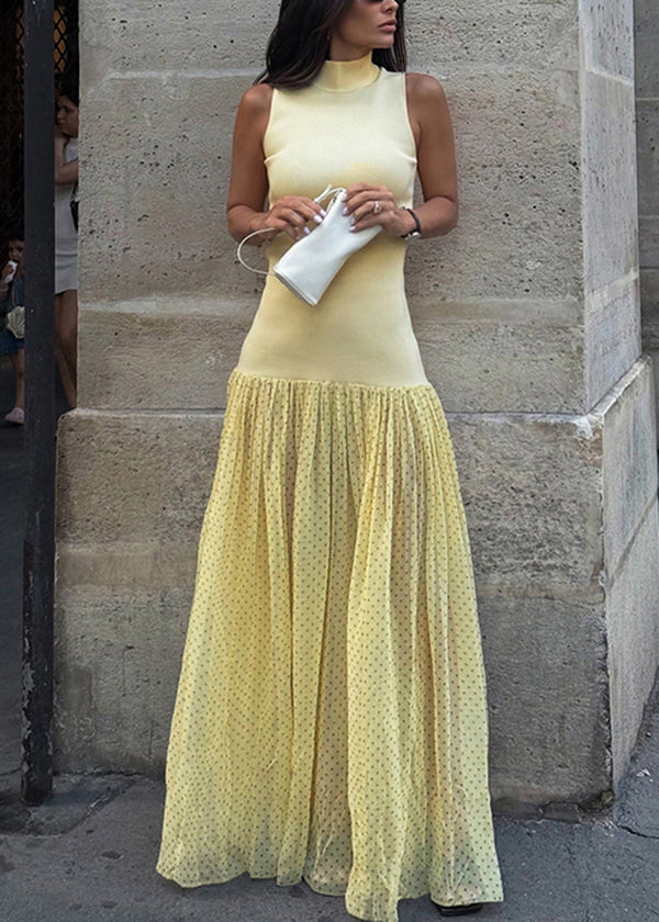 Tulle Modern Patchwork Yellow Collar Stand Sleeveless Dress
