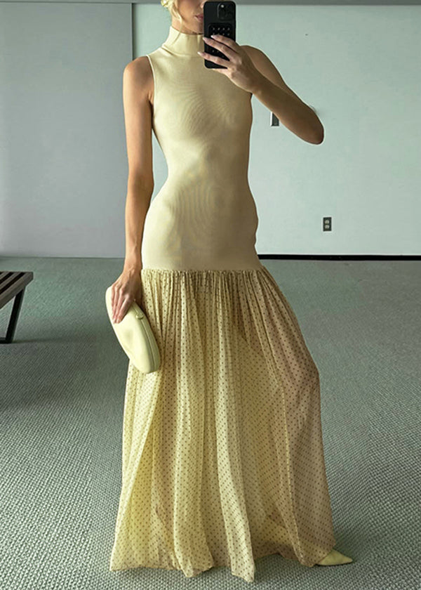 Tulle Modern Patchwork Yellow Collar Stand Sleeveless Dress