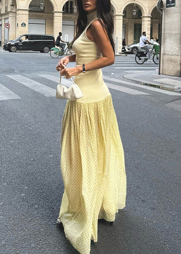 Tulle Modern Patchwork Yellow Collar Stand Sleeveless Dress