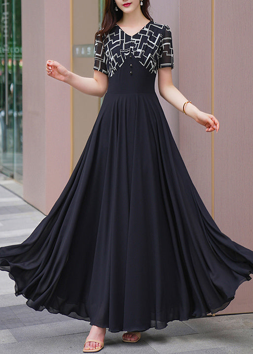 Chiffon Dresses Patchwork Summer Long Black Natural V Neck