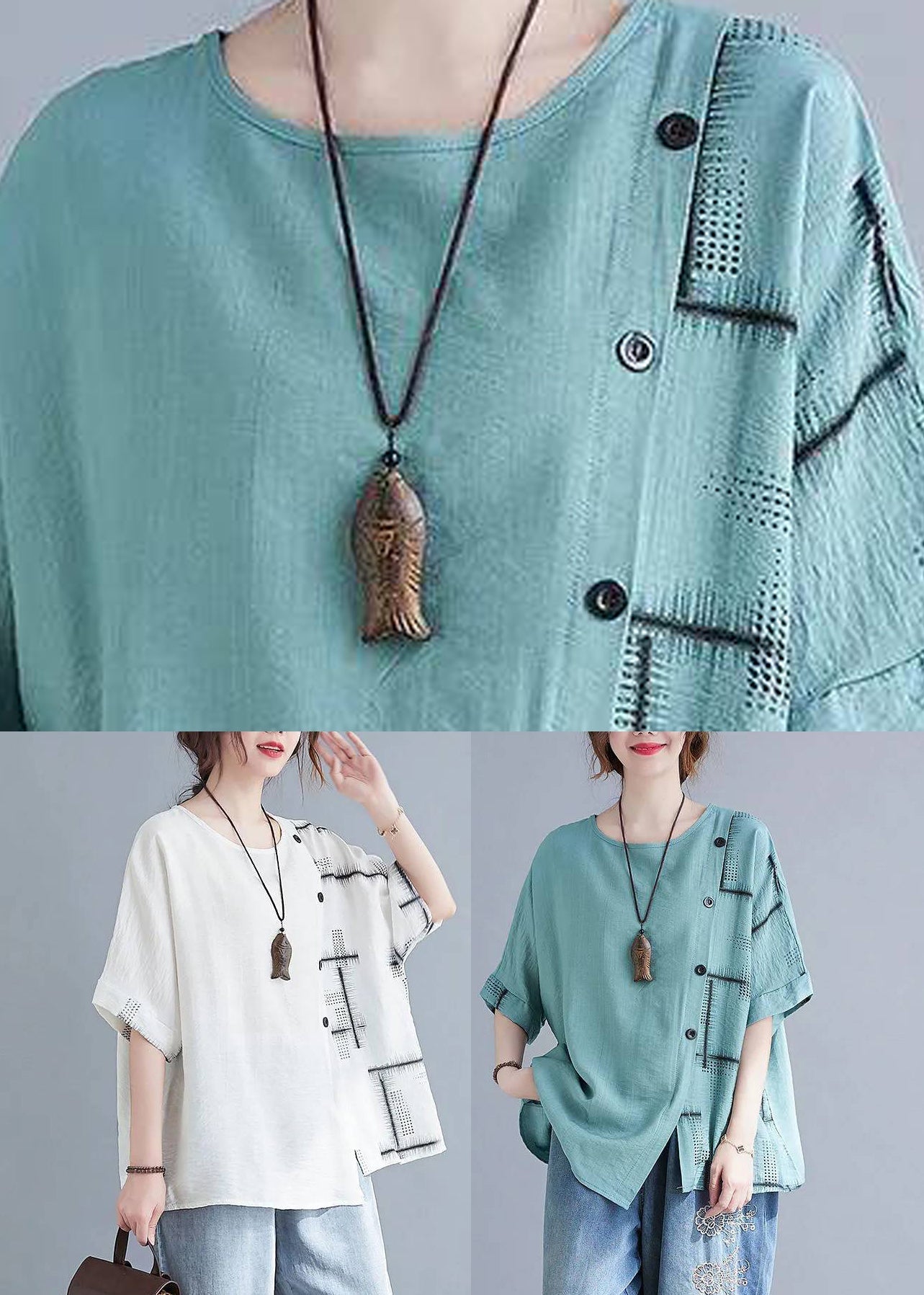 Plaid Tops Summer Asymmetrical Natural Turquoise