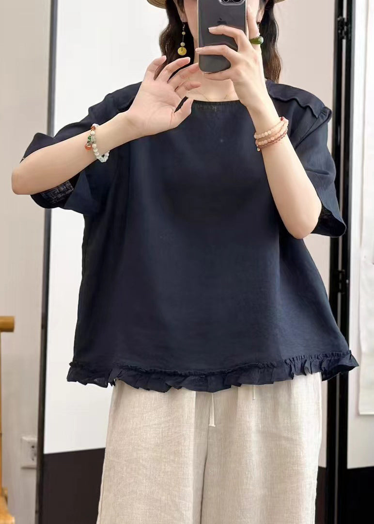 Neck Navy Button Blouse Solid O Linen Tops Summer