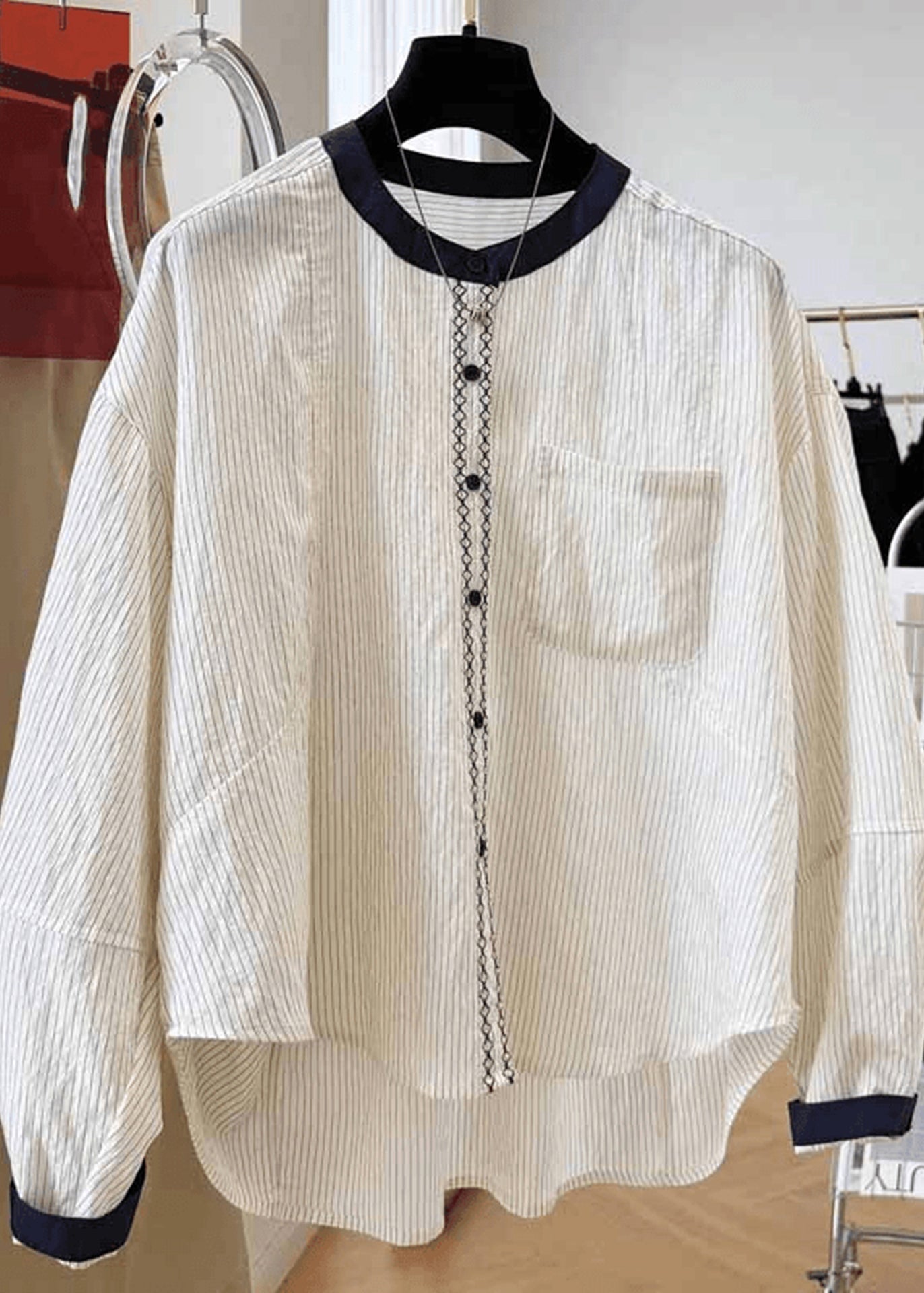 Striped Pockets Apricot Tops New Blouse Fall Cotton O Neck