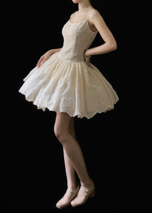 New Beige Dresses Cotton Sleeveless Wrinkled Mini Embroidered