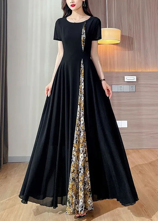 Summer O Long Black Dot Dresses Patchwork Neck Chiffon New