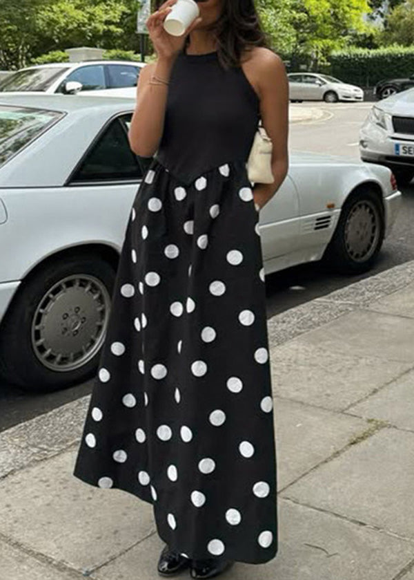 Dresses Dot Sleeveless Print New Patchwork Cotton Black