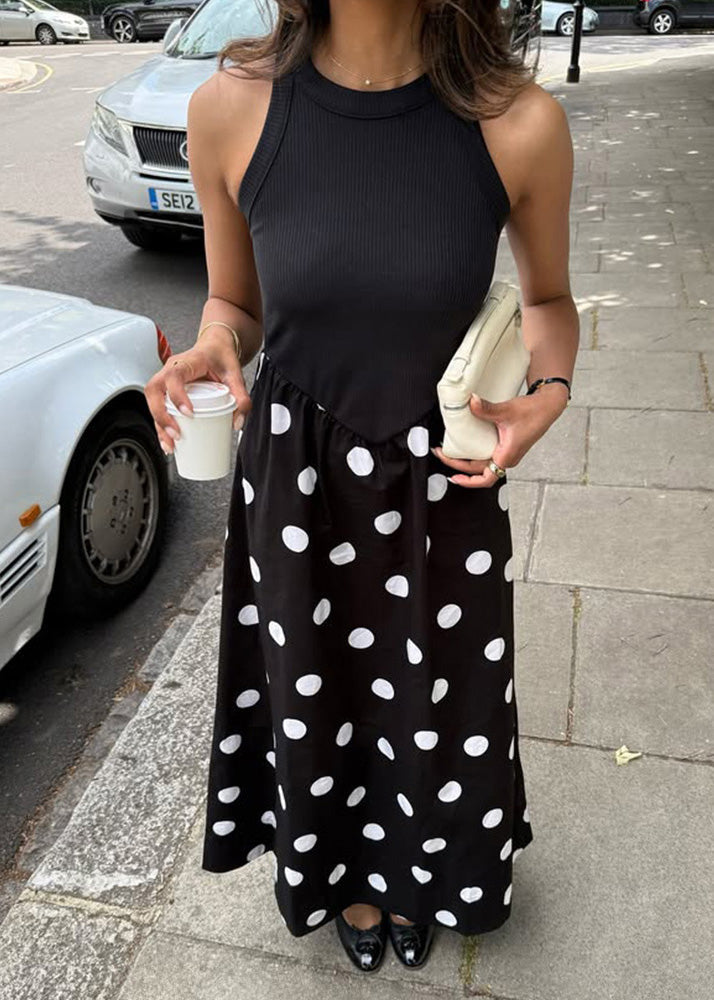 Dresses Dot Sleeveless Print New Patchwork Cotton Black