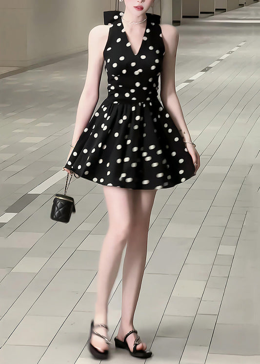 Cotton V Mid New Sleeveless Dress Neck Dot Bow Black