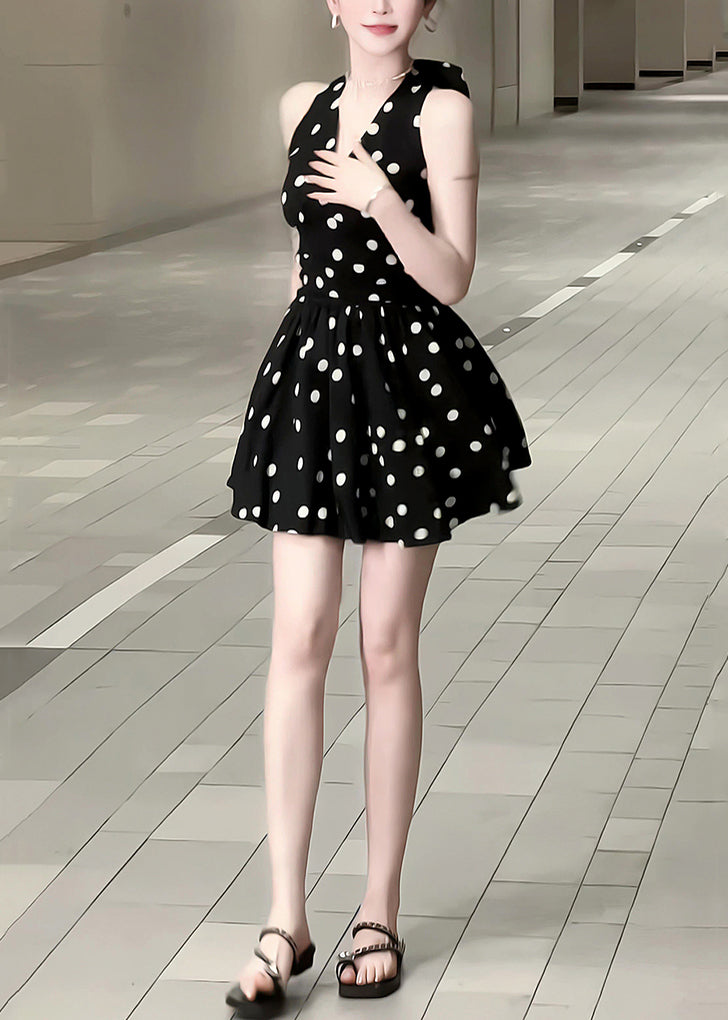 Neck Cotton Mid Dress Bow New Black Dot V Sleeveless