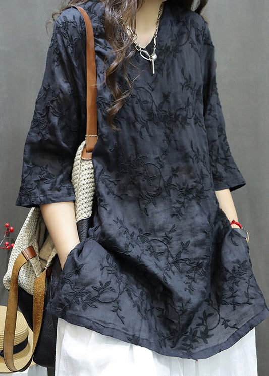 Black Linen Dresses V Mid Neck New Summer Embroidered