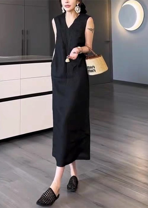 Pockets New Neck Sleeveless Black Cotton Solid Dress V Long