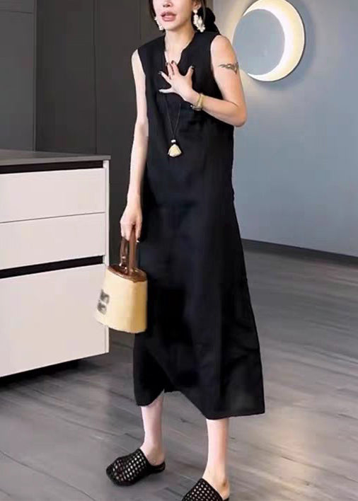 Pockets New Neck Sleeveless Black Cotton Solid Dress V Long