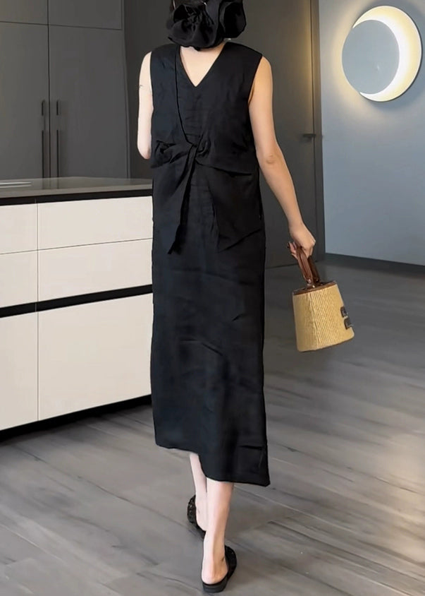 Pockets New Neck Sleeveless Black Cotton Solid Dress V Long