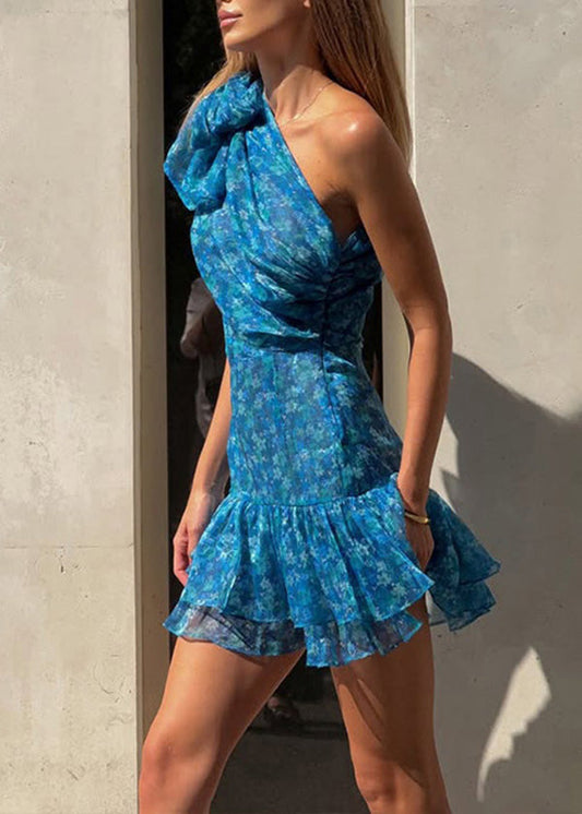 Print Chiffon Shoulder Blue Dress One New Summer Ruffled