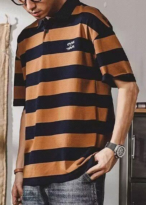 Mens New Print Coffee Shirt Summer Polo Striped Cotton