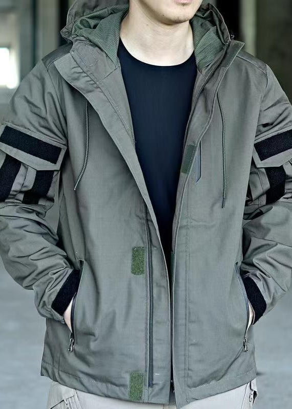 Cotton Spring Hooded Drawstring New Men Zippered Green Coat