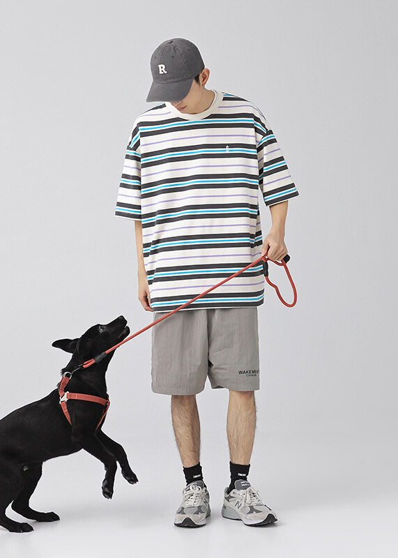 New Green O Neck Striped Cotton Men T Shirt Summer QH011