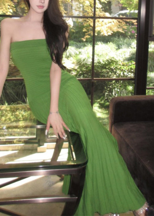 Wrinkled Cotton Green New Strapless knitting Dresses Long