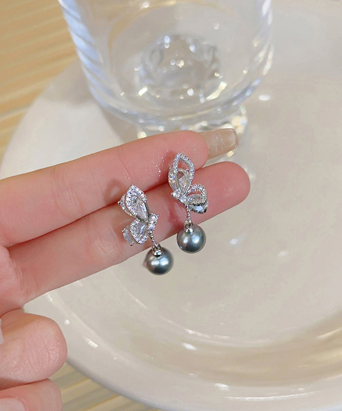 Pearl Drop Grey Silver New Zircon Earrings Sterling