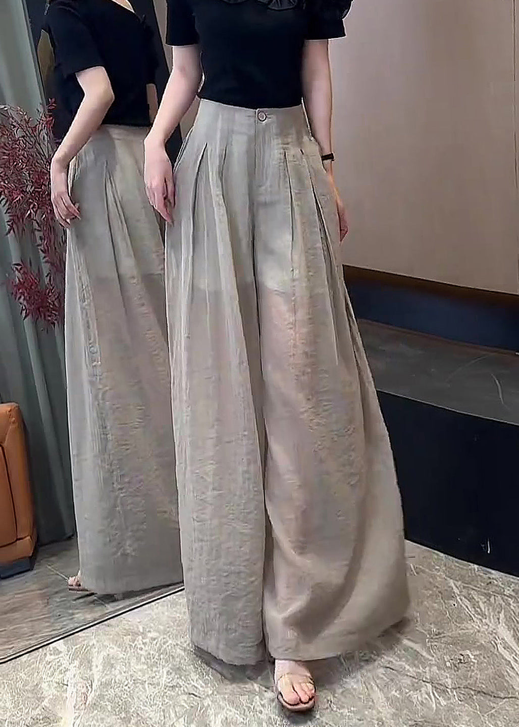 Linen Wide High Khaki Waist Fall New Leg Button Pants