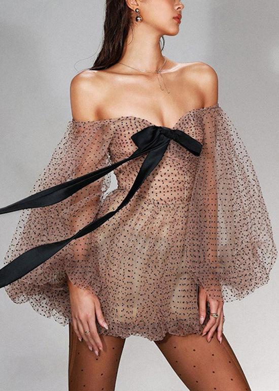 Dresses Cold Sleeve New Shoulder Khaki Lantern Mini Dot Tulle