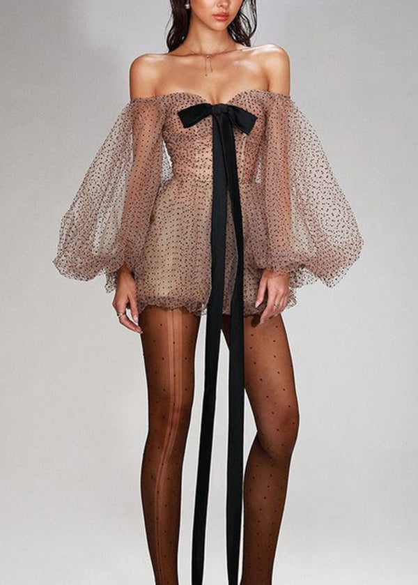 Dresses Cold Sleeve New Shoulder Khaki Lantern Mini Dot Tulle