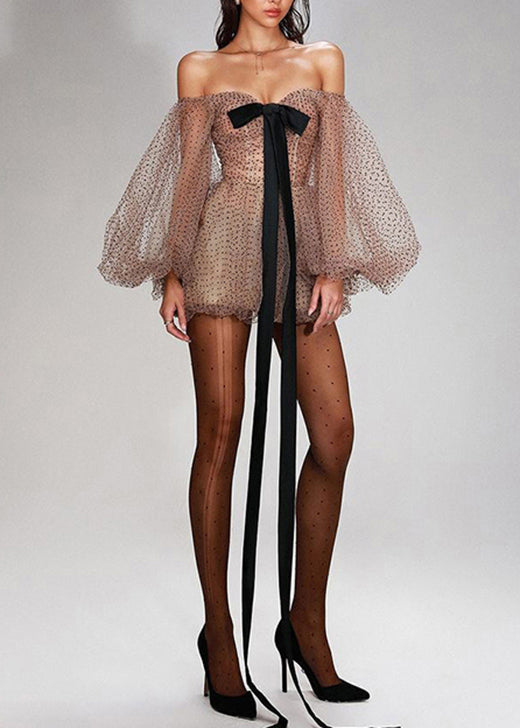 Dresses Cold Sleeve New Shoulder Khaki Lantern Mini Dot Tulle