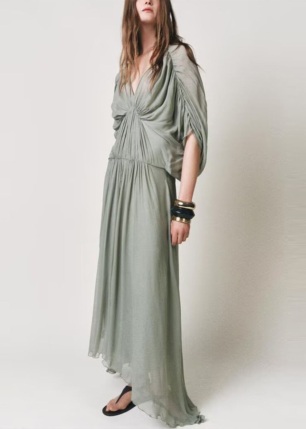 V Light Batwing Dresses Green Chiffon Neck New Patchwork Wrinkled