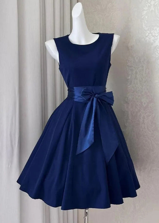 Mid Bow Sleeveless Solid New Cotton Navy Dress