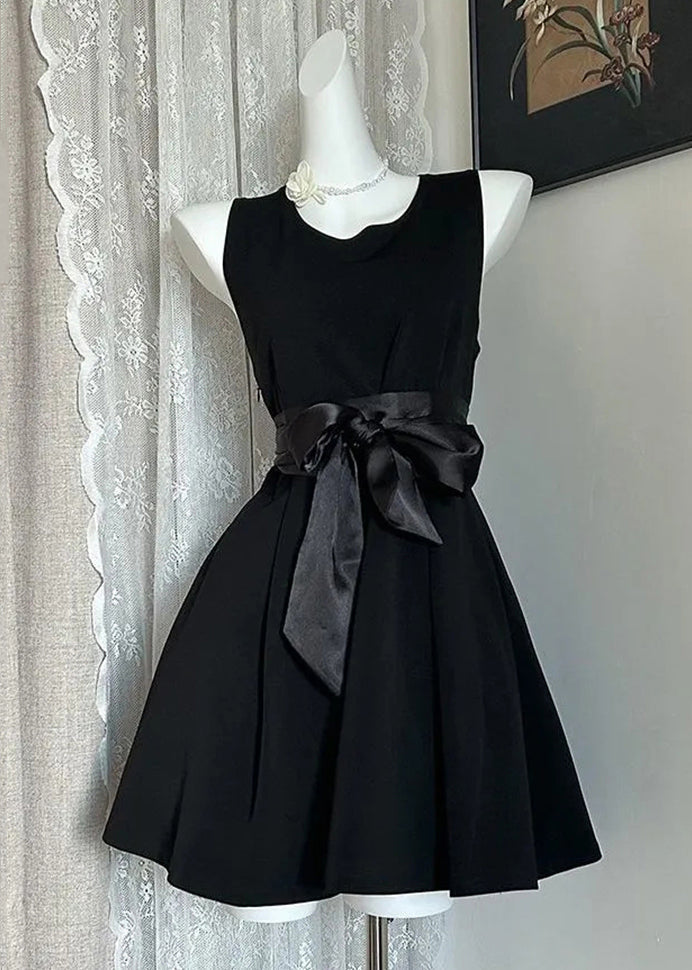 Mid Bow Sleeveless Solid New Cotton Navy Dress