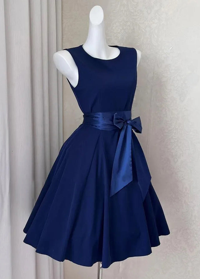 Solid Mid Sleeveless Bow Navy Dress New Cotton