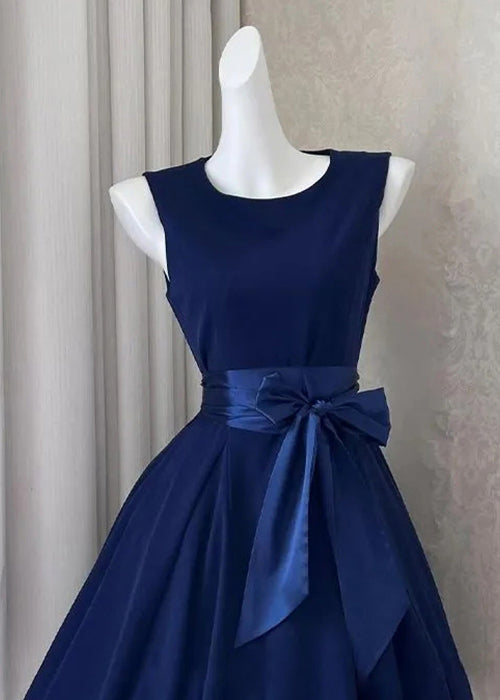 Solid Mid Sleeveless Bow Navy Dress New Cotton