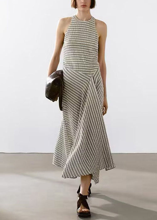 Cotton New Neck Long Dresses Sleeveless O Design Original Striped