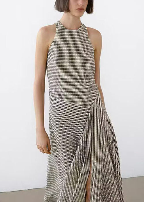 Cotton New Neck Long Dresses Sleeveless O Design Original Striped