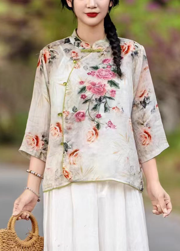 Orange Print Collar Stand Shirts New Fall Linen