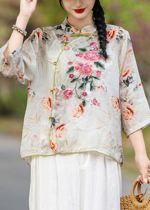 Orange Print Collar Stand Shirts New Fall Linen