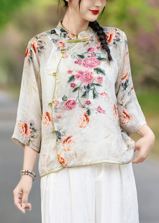 Orange Print Collar Stand Shirts New Fall Linen