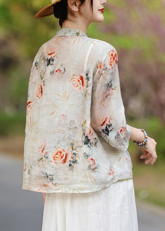 Orange Print Collar Stand Shirts New Fall Linen