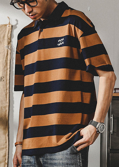New Orange Striped Cotton Men Polo Shirt Summer QH009