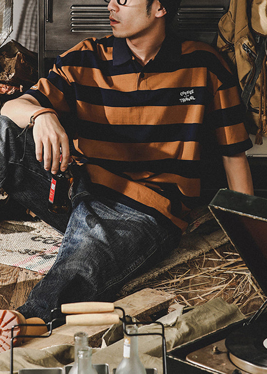 New Orange Striped Cotton Men Polo Shirt Summer QH009