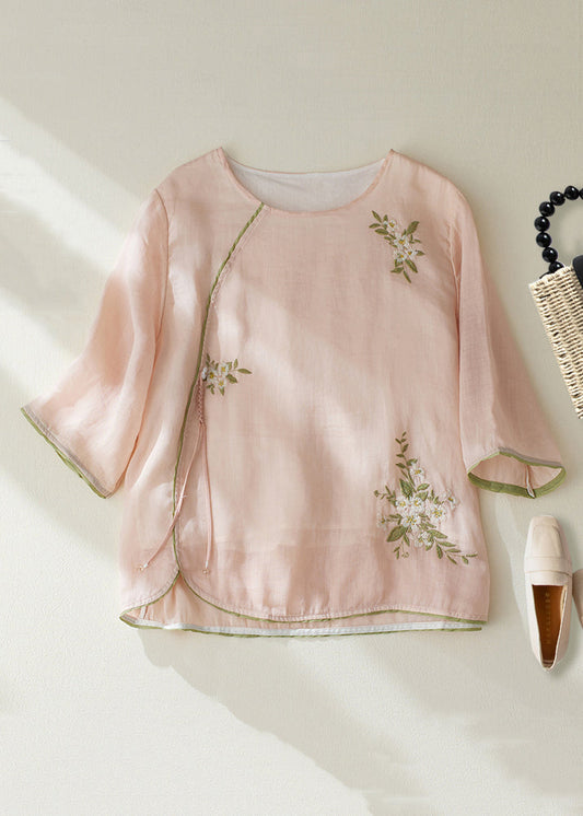 Neues rosa besticktes Patchwork-Leinenhemd mit Quasten und Armbandärmeln JH009